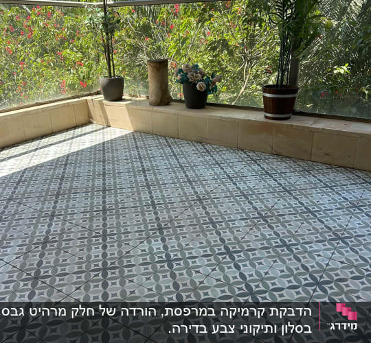 מרפסת עם רצפת אריחים ודקלים בעציצים